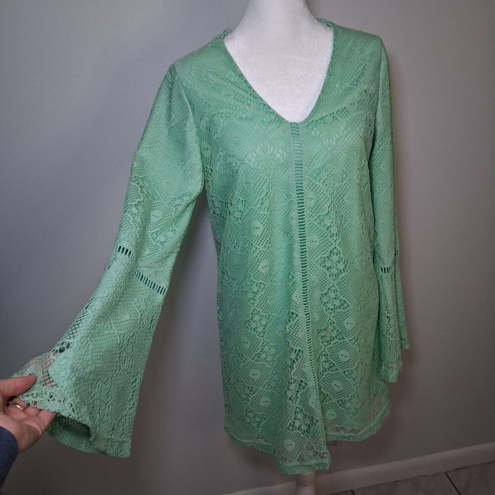 Crochet Bell Sleeve Sack Dress Sz S Mint Green 60s/ 70s  Hippie Boho Summer